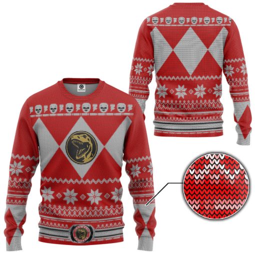 Gearhumans 3D Mighty Morphin Red Power Ranger Custom Ugly Christmas Long sleeve - Image 2