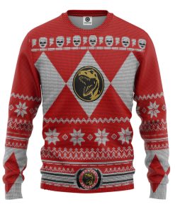 Gearhumans 3D Mighty Morphin Red Power Ranger Custom Ugly Christmas Long sleeve