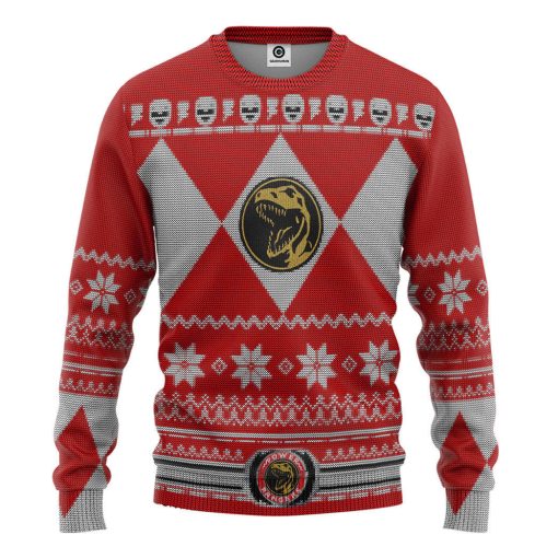 Gearhumans 3D Mighty Morphin Red Power Ranger Custom Ugly Christmas Long sleeve