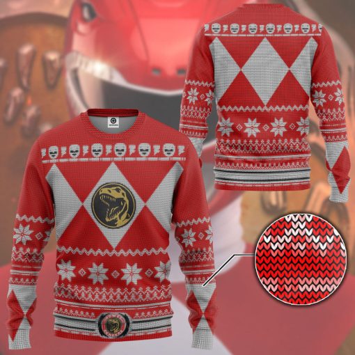 Gearhumans 3D Mighty Morphin Red Power Ranger Custom Ugly Christmas Long sleeve - Image 3
