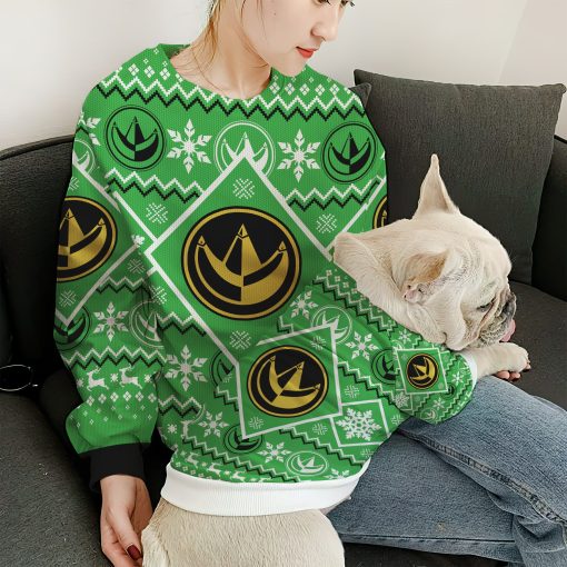 Gearhumans 3D Mighty Morphin Green Power Ranger Custom Ugly Christmas Long sleeve - Image 5
