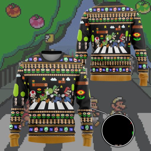 Gearhumans 3D Mario Abbey Road Custom Ugly Christmas Long sleeve