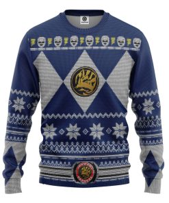 Gearhumans 3D Mighty Morphin Blue Power Ranger Custom Ugly Christmas Long sleeve