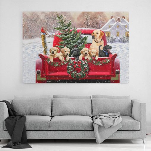 Gearhumans 3D Labrador Retriever Dogs On Red Truck Christmas Custom Canvas