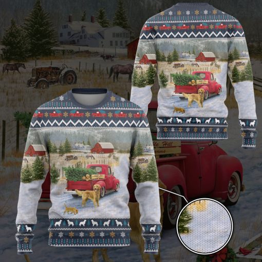 Gearhumans 3D Golden Retriever Red Truck Christmas Custom Ugly Long sleeve - Image 3