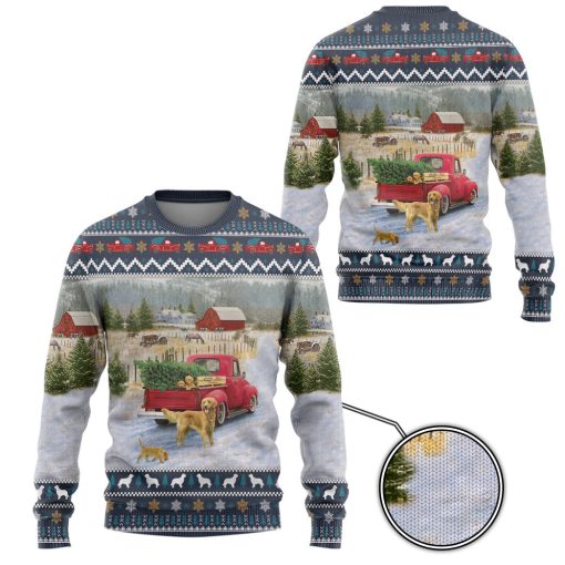 Gearhumans 3D Golden Retriever Red Truck Christmas Custom Ugly Long sleeve - Image 2