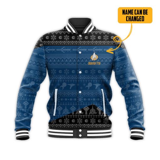 Gearhumans 3D S.T The Next Generation 1987 Blue Ugly Christmas Custom Name Baseball Jacket - Image 2