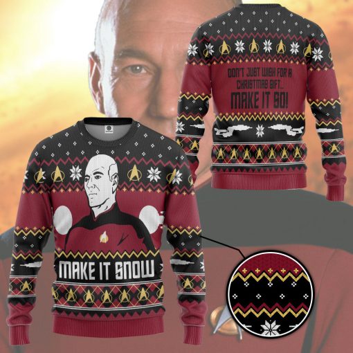 Gearhumans 3D Make It Snow With Captian Jean-Luc Picard Christmas Custom Ugly Long sleeve 4 Gearhumans 3D Make It Snow With Captian Jean-Luc Picard Christmas Custom Ugly Long sleeve - Image 3