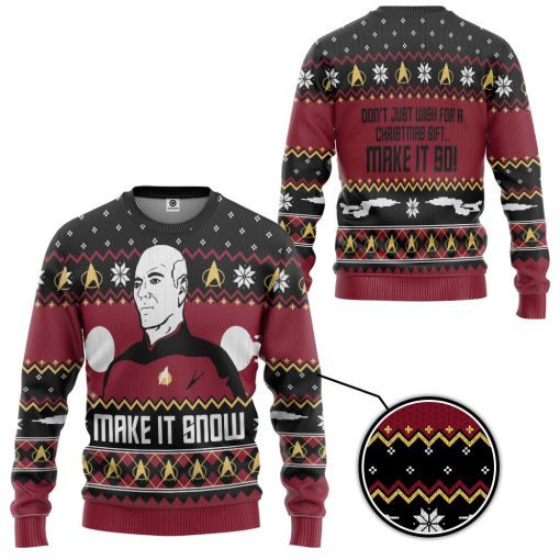 Gearhumans 3D Make It Snow With Captian Jean-Luc Picard Christmas Custom Ugly Long sleeve 3 Gearhumans 3D Make It Snow With Captian Jean-Luc Picard Christmas Custom Ugly Long sleeve - Image 2