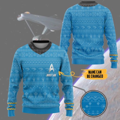 Gearhumans 3D S.T The Original Series 1966 1969 Blue Ugly Christmas Custom Name Ugly Long Sleeve - Image 3