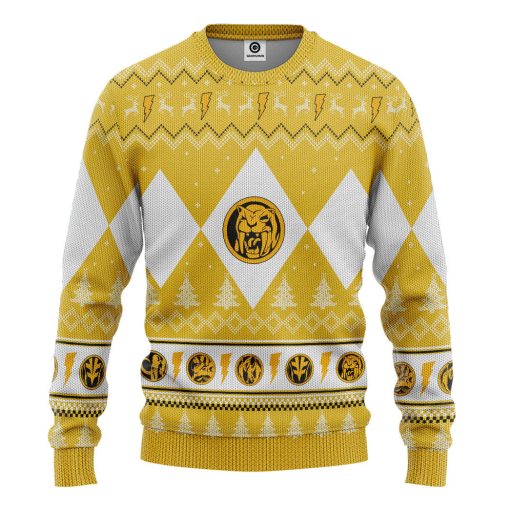 Gearhumans 3D Mighty Morphin Yellow Ranger Christmas Custom Ugly Long sleeve