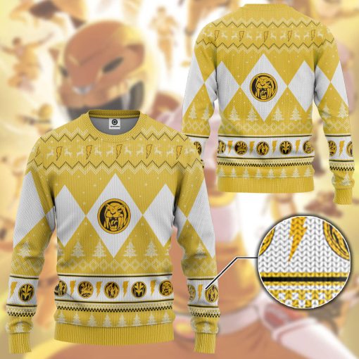 Gearhumans 3D Mighty Morphin Yellow Ranger Christmas Custom Ugly Long sleeve