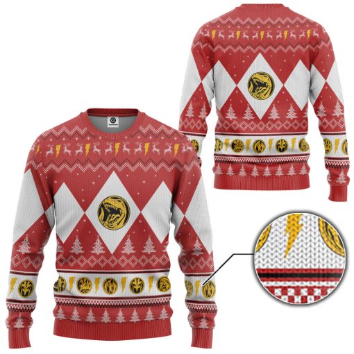 Gearhumans 3D Mighty Morphin Red Ranger Christmas Custom Ugly Long sleeve