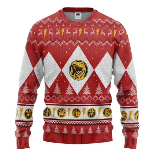 Gearhumans 3D Mighty Morphin Red Ranger Christmas Custom Ugly Long sleeve