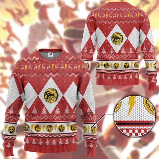 Gearhumans 3D Mighty Morphin Red Ranger Christmas Custom Ugly Long sleeve