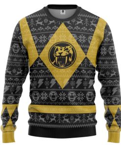 Gearhumans 3D Power Ranger Mighty Morphin Yellow Ranger Ugly Christmas Limited Edition Custom Ugly Long sleeve