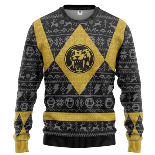 Gearhumans 3D Power Ranger Mighty Morphin Yellow Ranger Ugly Christmas Limited Edition Custom Ugly Long sleeve