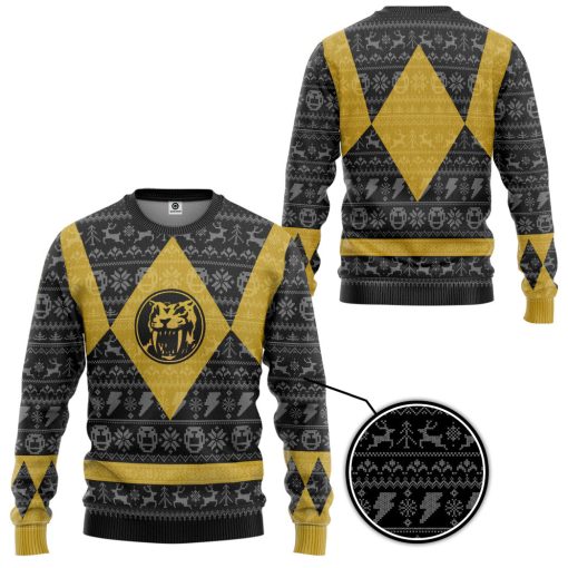 Gearhumans 3D Power Ranger Mighty Morphin Yellow Ranger Ugly Christmas Limited Edition Custom Ugly Long sleeve
