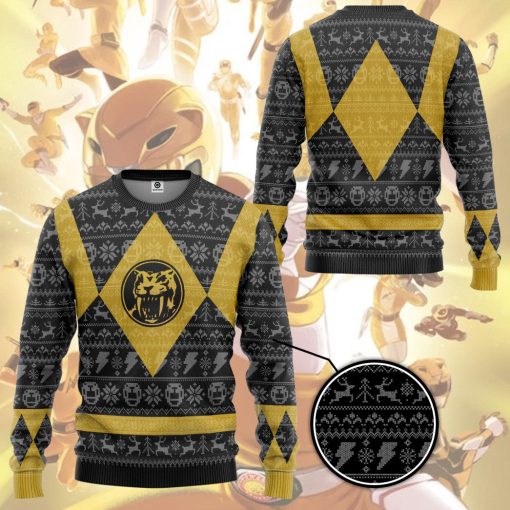 Gearhumans 3D Power Ranger Mighty Morphin Yellow Ranger Ugly Christmas Limited Edition Custom Ugly Long sleeve