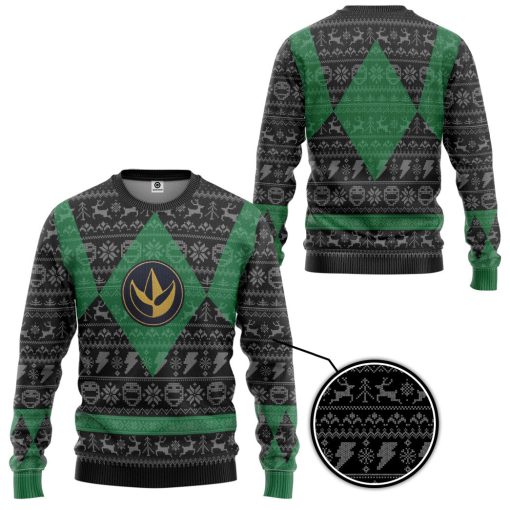 Gearhumans 3D Power Ranger Mighty Morphin Green Power Ranger Ugly Christmas Limited Edition Custom Ugly Long sleeve