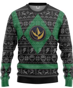 Gearhumans 3D Power Ranger Mighty Morphin Green Power Ranger Ugly Christmas Limited Edition Custom Ugly Long sleeve