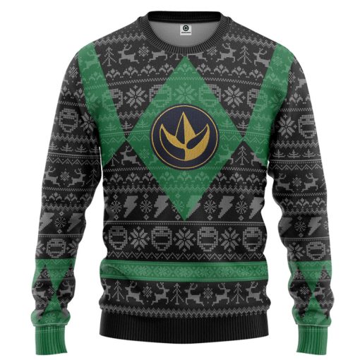 Gearhumans 3D Power Ranger Mighty Morphin Green Power Ranger Ugly Christmas Limited Edition Custom Ugly Long sleeve