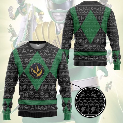 Gearhumans 3D Power Ranger Mighty Morphin Green Power Ranger Ugly Christmas Limited Edition Custom Ugly Long sleeve