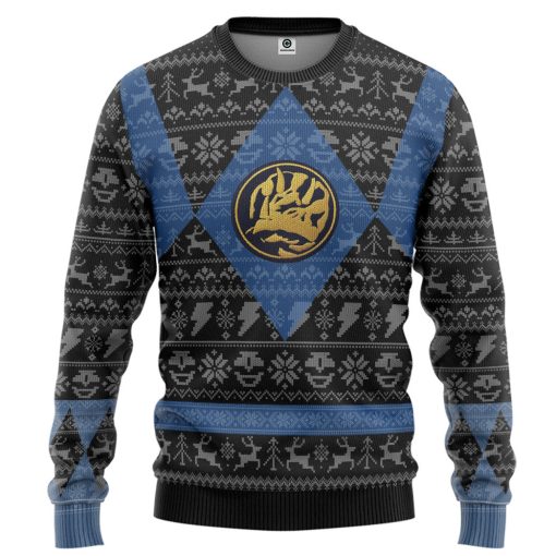 Gearhumans 3D Power Ranger Mighty Morphin Blue Ranger Ugly Christmas Limited Edition Custom Ugly Long sleeve