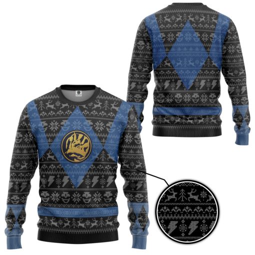 Gearhumans 3D Power Ranger Mighty Morphin Blue Ranger Ugly Christmas Limited Edition Custom Ugly Long sleeve