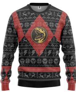 Gearhumans 3D Power Ranger Mighty Morphin Red Power Ranger Ugly Christmas Limited Edition Custom Ugly Long sleeve