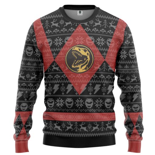 Gearhumans 3D Power Ranger Mighty Morphin Red Power Ranger Ugly Christmas Limited Edition Custom Ugly Long sleeve