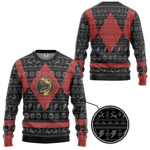 Gearhumans 3D Power Ranger Mighty Morphin Red Power Ranger Ugly Christmas Limited Edition Custom Ugly Long sleeve
