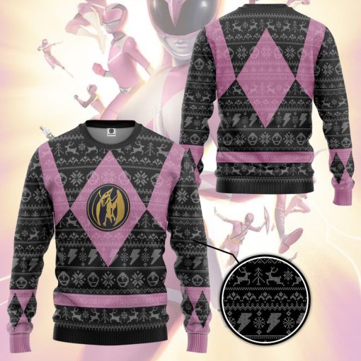 Gearhumans 3D Power Ranger Mighty Morphin Pink Power Ranger Ugly Christmas Limited Edition Custom Ugly Long sleeve