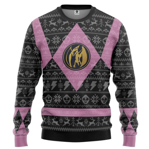 Gearhumans 3D Power Ranger Mighty Morphin Pink Power Ranger Ugly Christmas Limited Edition Custom Ugly Long sleeve