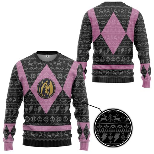 Gearhumans 3D Power Ranger Mighty Morphin Pink Power Ranger Ugly Christmas Limited Edition Custom Ugly Long sleeve