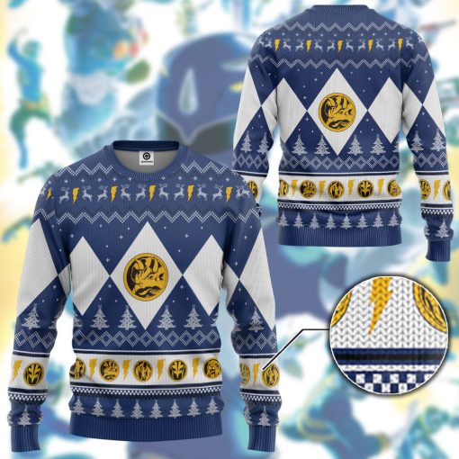 Gearhumans 3D Mighty Morphin Blue Ranger Christmas Custom Ugly Long sleeve - Image 3