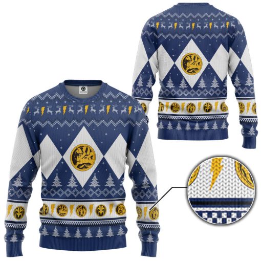 Gearhumans 3D Mighty Morphin Blue Ranger Christmas Custom Ugly Long sleeve - Image 2