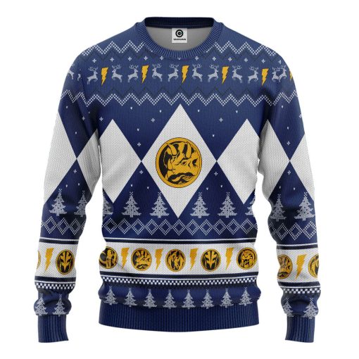 Gearhumans 3D Mighty Morphin Blue Ranger Christmas Custom Ugly Long sleeve