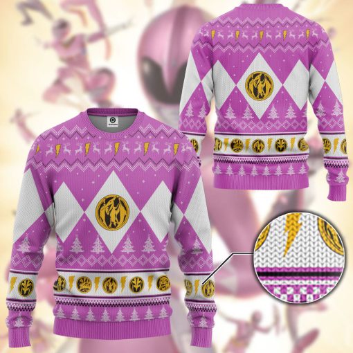 Gearhumans 3D Mighty Morphin Pink Ranger Christmas Custom Ugly Long sleeve - Image 3