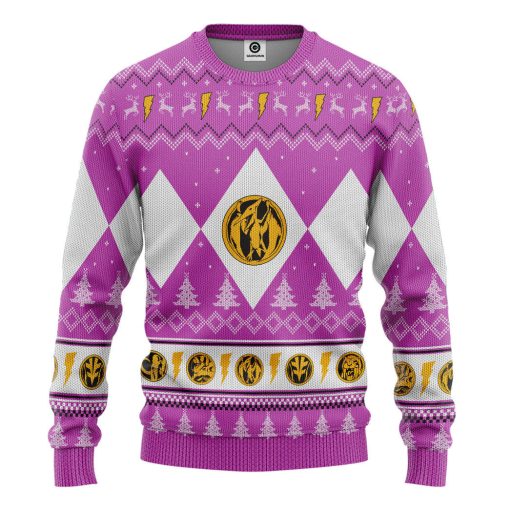 Gearhumans 3D Mighty Morphin Pink Ranger Christmas Custom Ugly Long sleeve