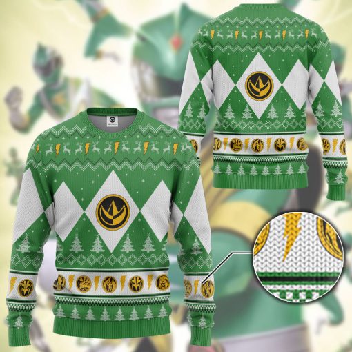 Gearhumans 3D Mighty Morphin Green Ranger Christmas Custom Ugly Long sleeve - Image 3