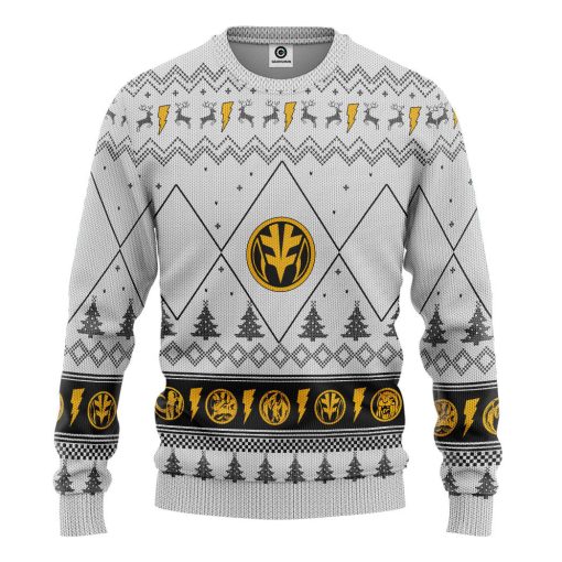 Gearhumans 3D Mighty Morphin White Ranger Christmas Custom Ugly Long sleeve