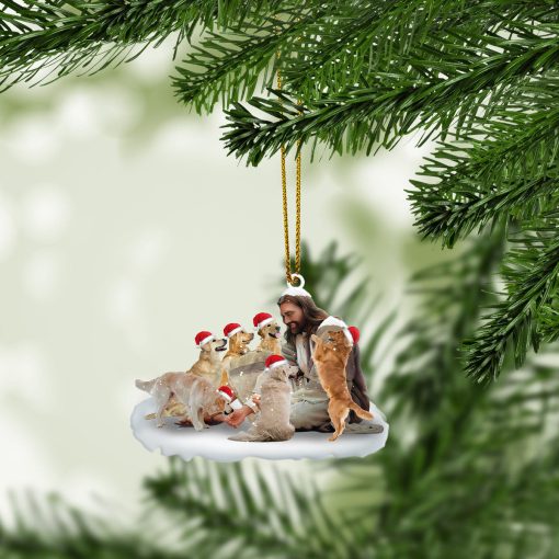 Gearhumans 3D Jesus Surrounded By Golden Retriever Dogs Christmas Custom Ornament