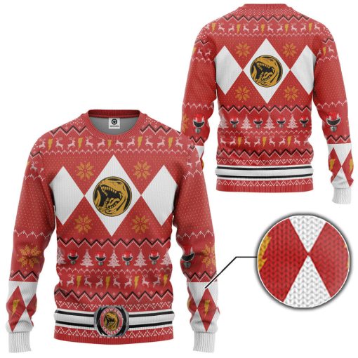 Gearhumans 3D MMPR Red Ranger Christmas Custom Ugly Long sleeve - Image 2