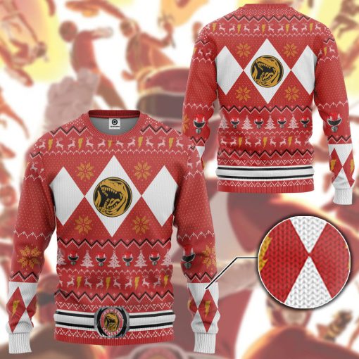 Gearhumans 3D MMPR Red Ranger Christmas Custom Ugly Long sleeve - Image 3