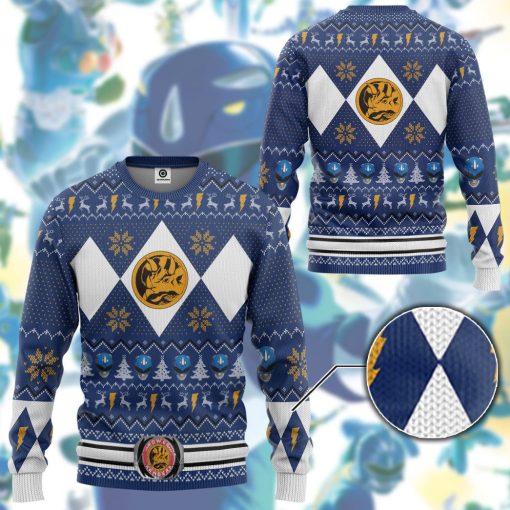 Gearhumans 3D MMPR Blue Ranger Christmas Custom Ugly Long sleeve - Image 3