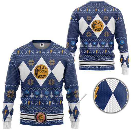 Gearhumans 3D MMPR Blue Ranger Christmas Custom Ugly Long sleeve - Image 2