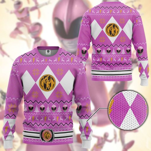 Gearhumans 3D MMPR Pink Ranger Christmas Custom Ugly Long sleeve - Image 3