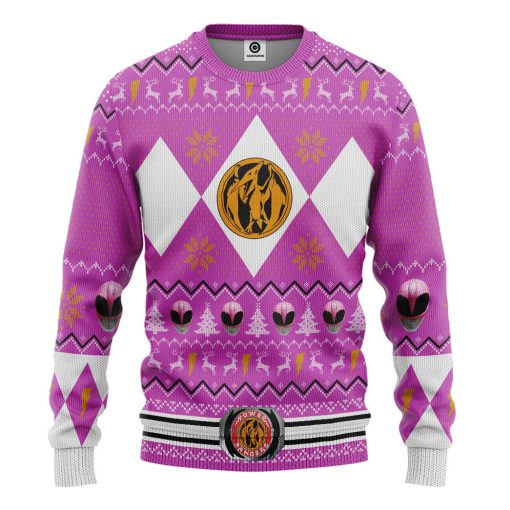 Gearhumans 3D MMPR Pink Ranger Christmas Custom Ugly Long sleeve