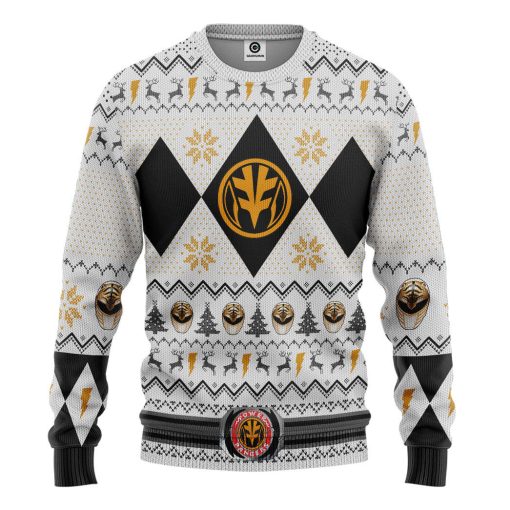 Gearhumans 3D MMPR White Ranger Christmas Custom Ugly Long sleeve